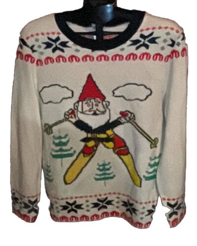 Santa Claus Gnome Ski Skiing White Junk Food Medium Ugly Christmas Sweater w/Tag