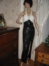 LOVELY VINTAGE 1980 BARI JAY BLACK SEQUIN EVENING GOWN-WHITE CHIFFON-PEARLS-