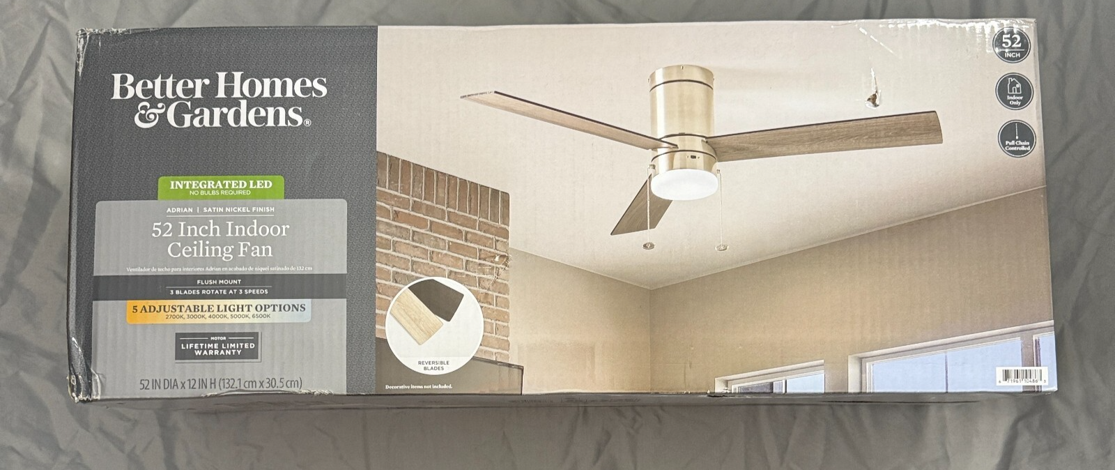 Better Homes Gardens 52-inch Modern Nickel Flushmount Ceiling Fan with Light - Brand New