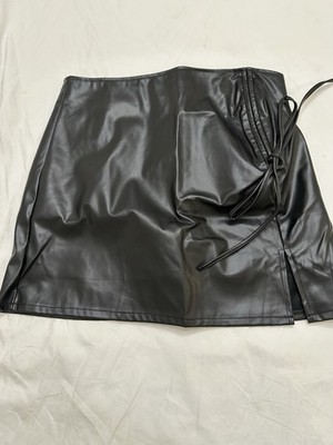 NWT Micas Black Faux Leather Wrap Mini Skirt Lace Up Side Size Large