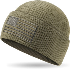 Grid Fleece Beanie with American Flag Embroidery Waffle Tactical Army Militar...