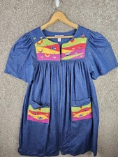 Vintage Go Softly Patio Dark Wash Ladybugs Denim Dress Womens Petite Medium