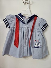 Vintage Sailor Nautical Blue White Stripped 12 Month Dress Short Sleeve