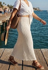 Freshman 1996 Crochet Open Knit Midi Skirt M Beige Boho Hippie Coastal Beachy