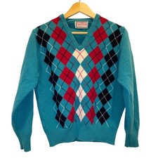 Alan Paine Vintage Lambswool Argyle V-Neck Sweater Teal Red Made in England 44