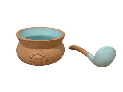 Vintage Terracotta Celestial Sun Bowl w Ladle Turquoise Blue Glaze Pottery