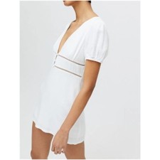 Urban Outfitters UO Beth Linen Mini Dress S White V-Neck Puff Sleeve Summer Boho