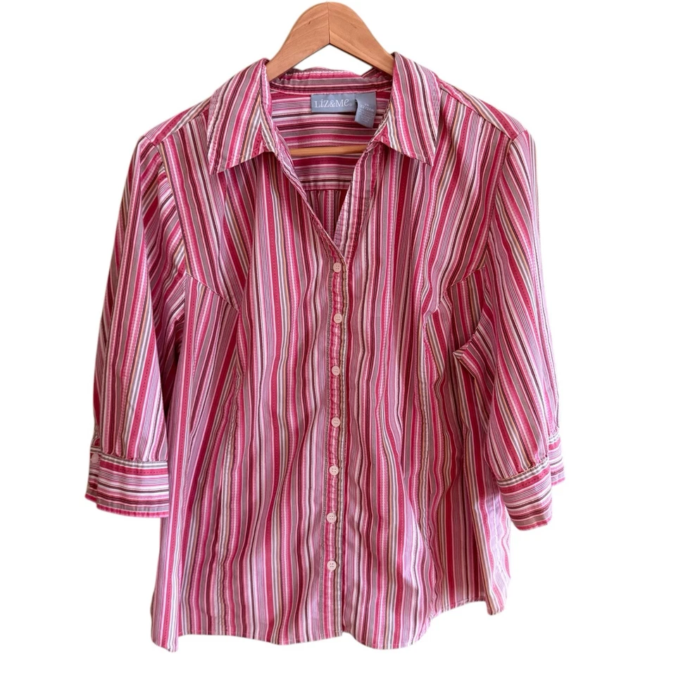 Liz & Me Mujer Talla Grande 22/24W Rosa Rayas Abotonadas Manga 3/4 Elastizada Foto 3 de 4