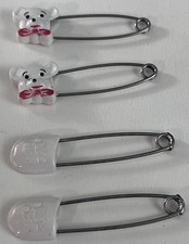 4 Vintage Baby Diaper Pins Safety Bear With Red Bow And White Ones