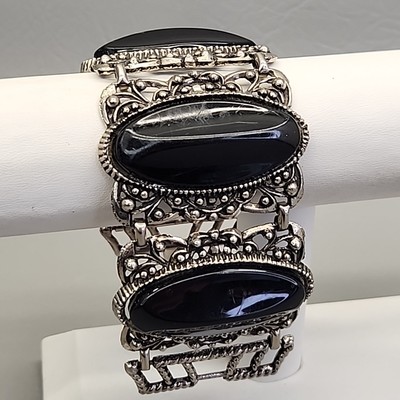 Vintage Panel Bracelet Wide Black Acrylic Oval Antiqued Silver Tone Fits 6.5''