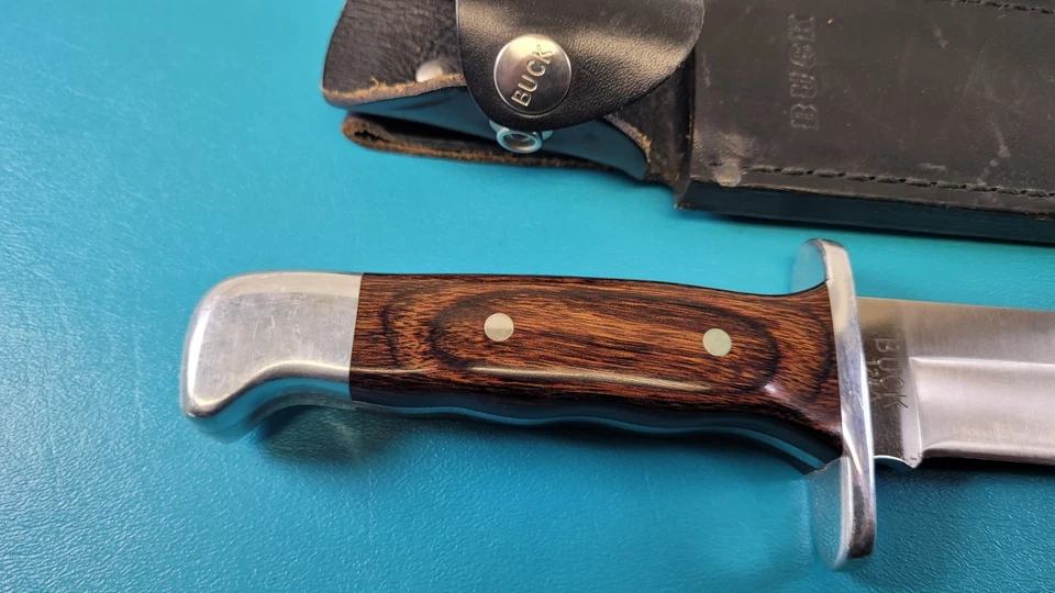 Buck 124 Frontiersman Hunting Knife Rosewood Handle + Sheath c. 1988 TR627 - Image 3 of 4