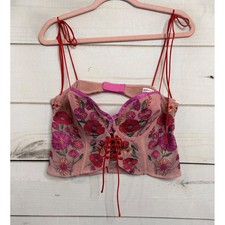For Love  Lemons Pink Floral Embroidered Mesh Bustier Crop Top XL Lace Up Boho