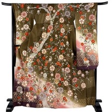Vintage Japanese Furisode Kimono Olive Sakura Floral Gold Pattern Silk Japan