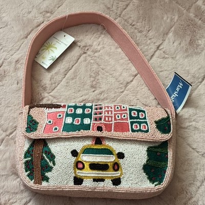 America & Beyond Pink Multicolor Beaded Cityscape Shoulder Bag for Women