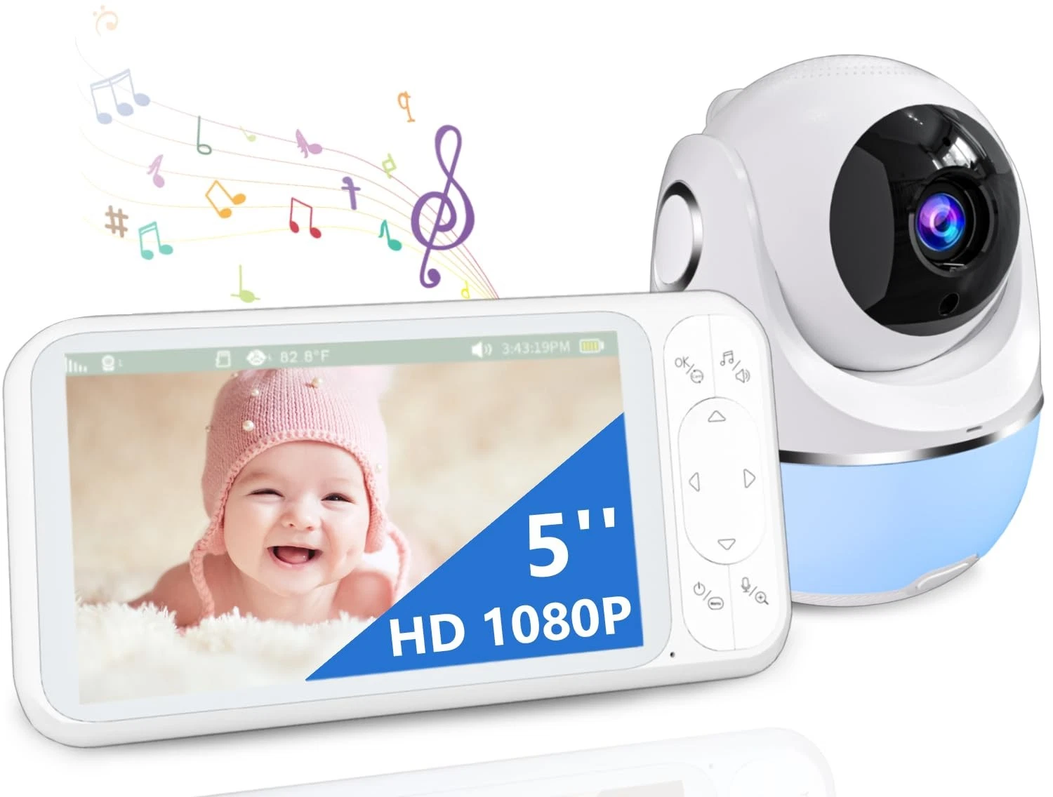 1080P 5 Baby Monitor 32 Hours 5000mAh Battery Pan Tilt 4X Zoom Video Baby