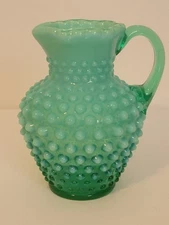 FENTON GREEN OPALESCENT HOBNAIL CRIMPED TOP,   JUG  PITCHER-  GLOWS!  1940'S