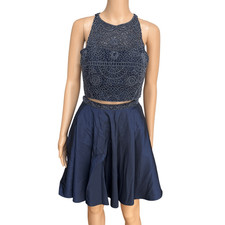 Sherri Hill Two Piece Beaded High Halter Chiffon Dress Set navy Size 8 Prom