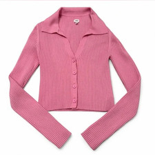 Aerie Gotta Jet Pink Ribbed Cardigan Sweater Women’s Medium Preppy Coquette