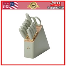 12pc Stainless Steel Knife Block Set Sage Green Soft Grip Handles