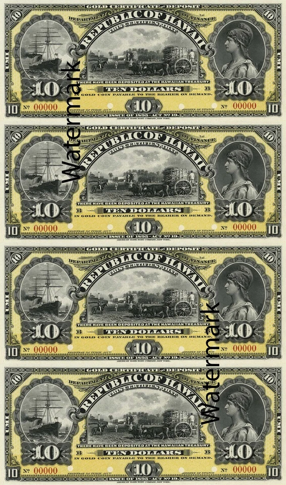 Juego de billetes de oro de las islas hawaianas de Hawái de $5 a $100 hojas completas HI REPRO Foto 3 de 4