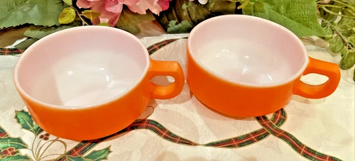 Vintage MCM Fire King Orange Milk Glass Bowl  Handle Anchor Hocking