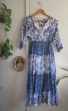La Cera Blue White Batik Floral Cotton Dress Maxi Elastic Waist Beach Boho, L