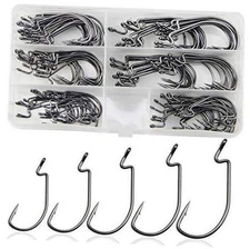 Bass Fishing Worm Hooks Set, 120pcs 3X Offset High Carbon Steel Worm Bait Jig 