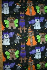 DOGS IN COSTUMES PRINT ON BLACK  100% COTTON FABRIC   17X43 INCHES