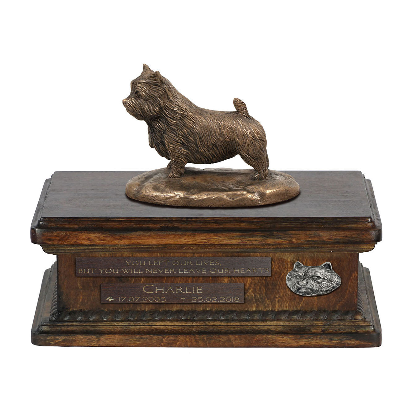 Norwich Terrier urna di legno bassa con un'immagine Art-Dog