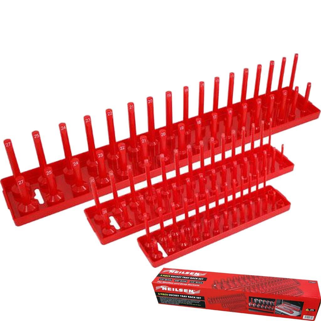 Neilsen 3pc Socket Stand Tray Rack Storage Rail Holder 1/2"" 3/8"" 1/4"" Sockets