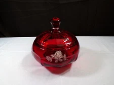 Viking Ruby Red Glass Covered Candy Dish Box - White Roses