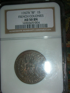1767A  French Colonies Copper with RF NGC AU 50 BN