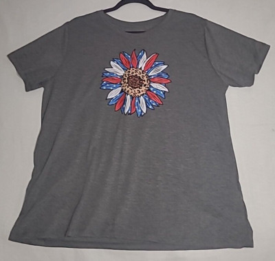 Celebrate! PATRIOTIC 2XL Gray T-Shirt American Flag Leopard Sunflower  