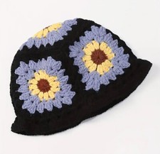 FLORAL Black-Lavender  Yellow Crochet Knit Women's Bucket Hat  1 Sz 