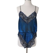 VINTAGE Women's Blue Black Metallic Lace One Piece Teddy Bodysuit Lingerie