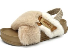 Womens Fuzzy Criss Cross Band Platform Slippers Arch Support Furry 11 Beige