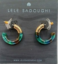 Lele Sadoughi Resin Hoop Earrings Gold Plate Teal With Multicolor Swirl New