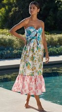 FARM RIO Dress Women L Paradise Midi Tie Straps Tiered Orange Floral Lemon