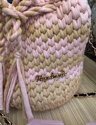 Handmade Small Bucket Bag Drawstring, Chain Strap Top Handle Pink Beige Gold
