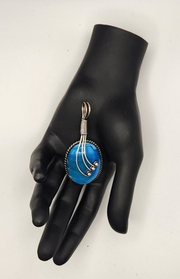 925 Sterling Silver Blue Banded Agate Pendant Wire Wrapped Artisan Statement