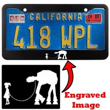 Engraved Black License Plate Frame - Girl Walking Her At-at