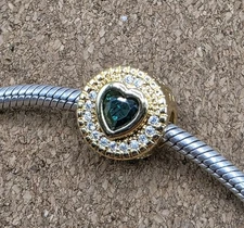 Authentic White Cz And Green Cz Heart Love Gold Spacer European Charm Bead