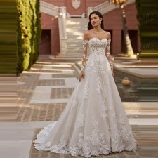 Appliques Wedding Dresses A Line Bridal Gowns Long Sleeve Off Shoulder Princess