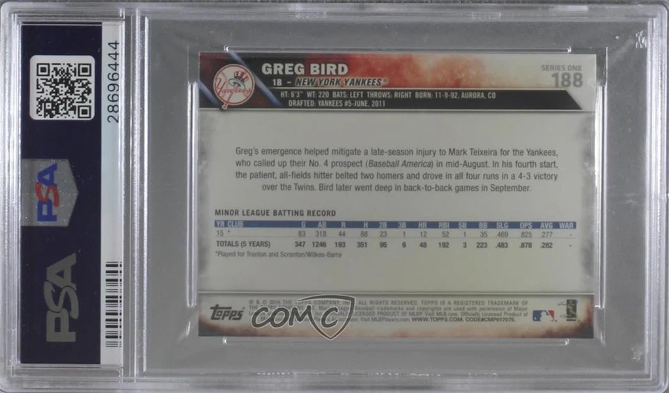 2016 Topps Mini Topps Online Exclusive Greg Bird #188 PSA 10 GEM MT Rookie RC - Image 2 of 2