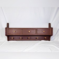 Vintage Farmhouse 32" Burgundy Country Wooden Plate Rack Shelf w/Drawers Pegs