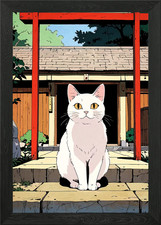 White Cat at Japanese Shrine Entran Framed Wall Art Poster Canvas Print Picture