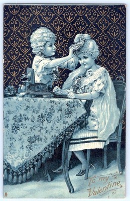 1908 TO MY VALENTINE BLUE GOLD LADIES DRESSING TUCK'S DAINTY DRESDEN POSTCARD