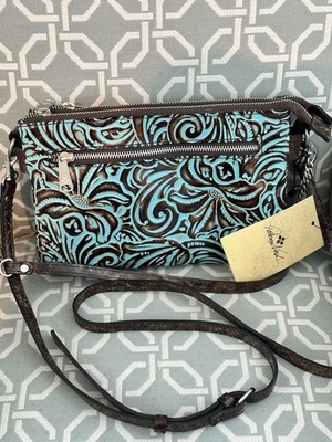 Patricia Nash Moscava Double Zip Top Crossbody Bag Tooled Leather Turquoise
