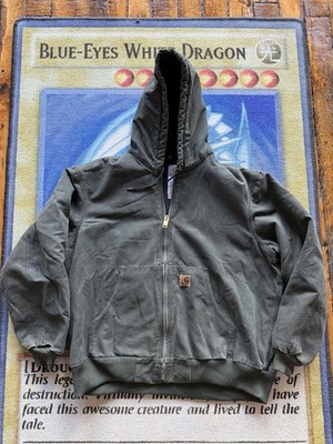 VTG Carhartt Jacket J130 MOS Duck Canvas Hooded Quilt Lined Moss Green XL Reg