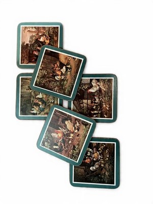 Vtg English Life Cork Coasters Rooster Chicken Farmhouse Set of 6 w/Original Box